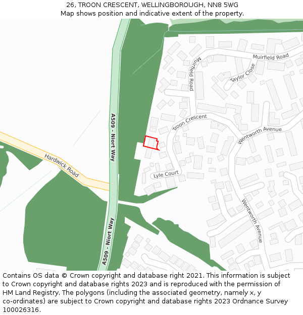 26, TROON CRESCENT, WELLINGBOROUGH, NN8 5WG: Location map and indicative extent of plot