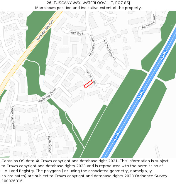 26, TUSCANY WAY, WATERLOOVILLE, PO7 8SJ: Location map and indicative extent of plot