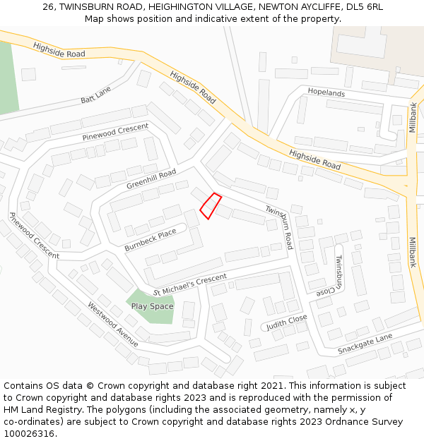 26, TWINSBURN ROAD, HEIGHINGTON VILLAGE, NEWTON AYCLIFFE, DL5 6RL: Location map and indicative extent of plot