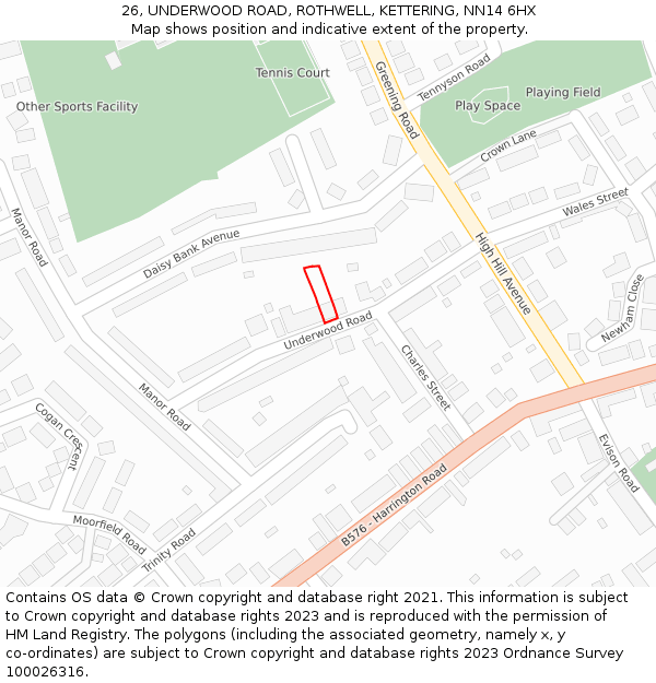 26, UNDERWOOD ROAD, ROTHWELL, KETTERING, NN14 6HX: Location map and indicative extent of plot