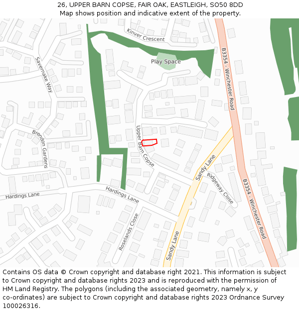 26, UPPER BARN COPSE, FAIR OAK, EASTLEIGH, SO50 8DD: Location map and indicative extent of plot