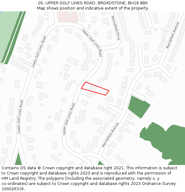 26, UPPER GOLF LINKS ROAD, BROADSTONE, BH18 8BX: Location map and indicative extent of plot