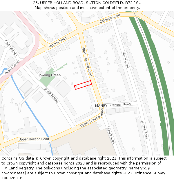 26, UPPER HOLLAND ROAD, SUTTON COLDFIELD, B72 1SU: Location map and indicative extent of plot