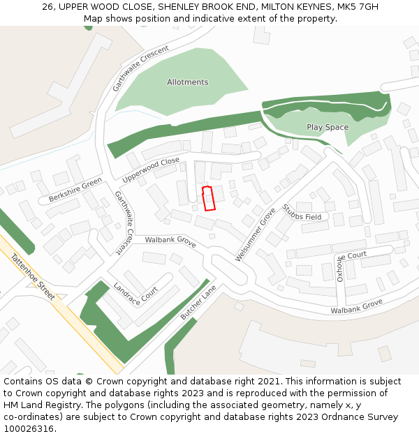 26, UPPER WOOD CLOSE, SHENLEY BROOK END, MILTON KEYNES, MK5 7GH: Location map and indicative extent of plot