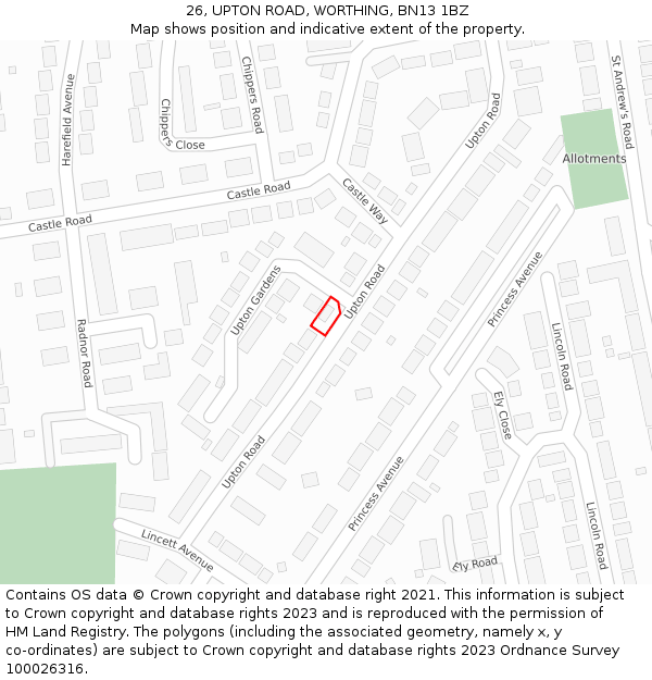 26, UPTON ROAD, WORTHING, BN13 1BZ: Location map and indicative extent of plot