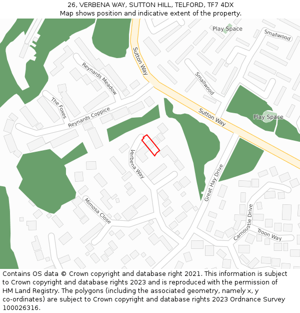 26, VERBENA WAY, SUTTON HILL, TELFORD, TF7 4DX: Location map and indicative extent of plot