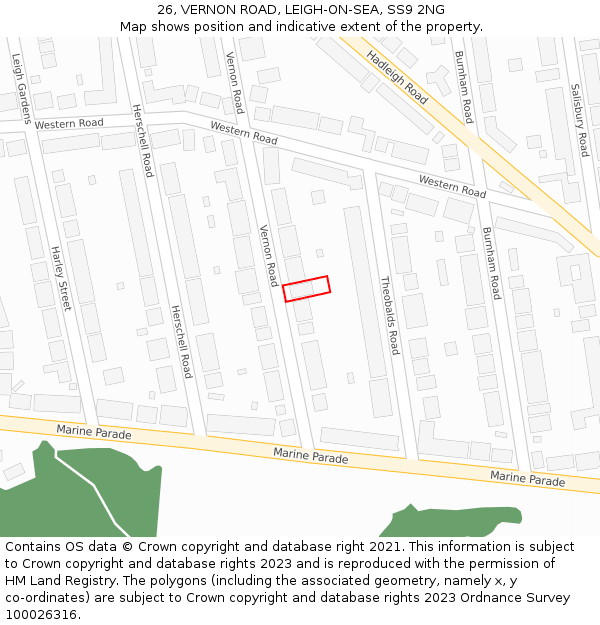 26, VERNON ROAD, LEIGH-ON-SEA, SS9 2NG: Location map and indicative extent of plot