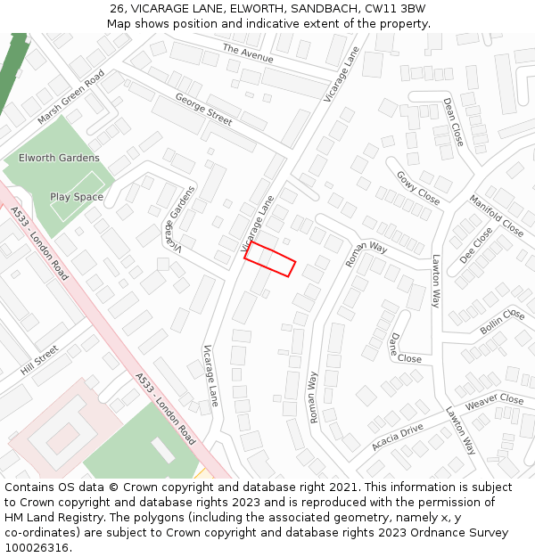 26, VICARAGE LANE, ELWORTH, SANDBACH, CW11 3BW: Location map and indicative extent of plot