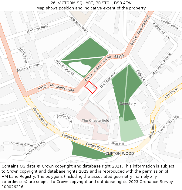 26, VICTORIA SQUARE, BRISTOL, BS8 4EW: Location map and indicative extent of plot