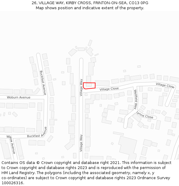 26, VILLAGE WAY, KIRBY CROSS, FRINTON-ON-SEA, CO13 0PG: Location map and indicative extent of plot