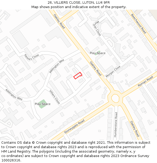 26, VILLIERS CLOSE, LUTON, LU4 9FR: Location map and indicative extent of plot
