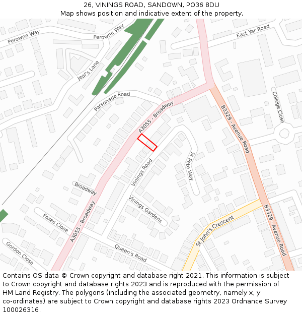 26, VININGS ROAD, SANDOWN, PO36 8DU: Location map and indicative extent of plot