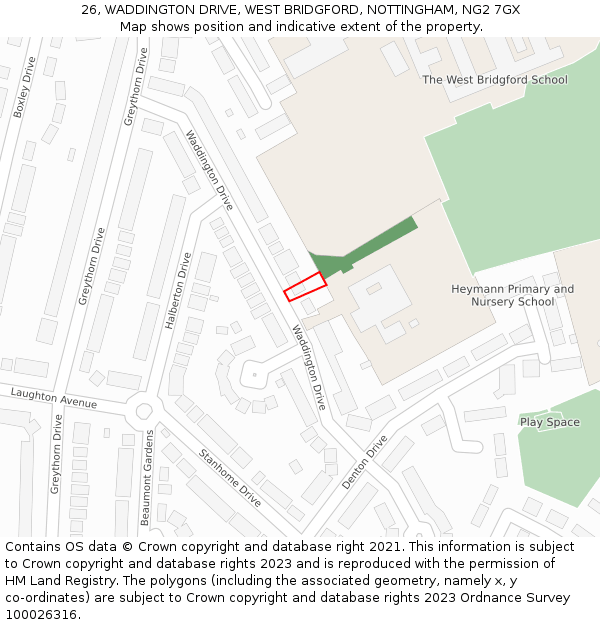 26, WADDINGTON DRIVE, WEST BRIDGFORD, NOTTINGHAM, NG2 7GX: Location map and indicative extent of plot