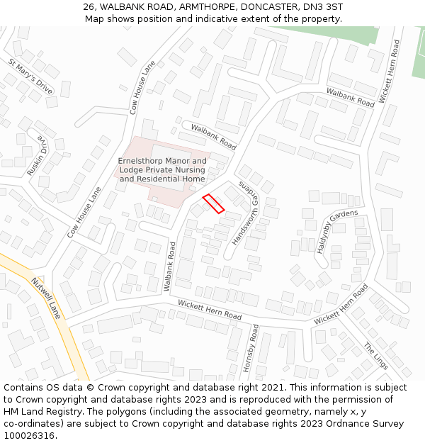 26, WALBANK ROAD, ARMTHORPE, DONCASTER, DN3 3ST: Location map and indicative extent of plot
