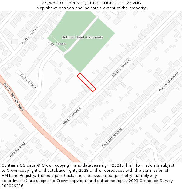 26, WALCOTT AVENUE, CHRISTCHURCH, BH23 2NG: Location map and indicative extent of plot