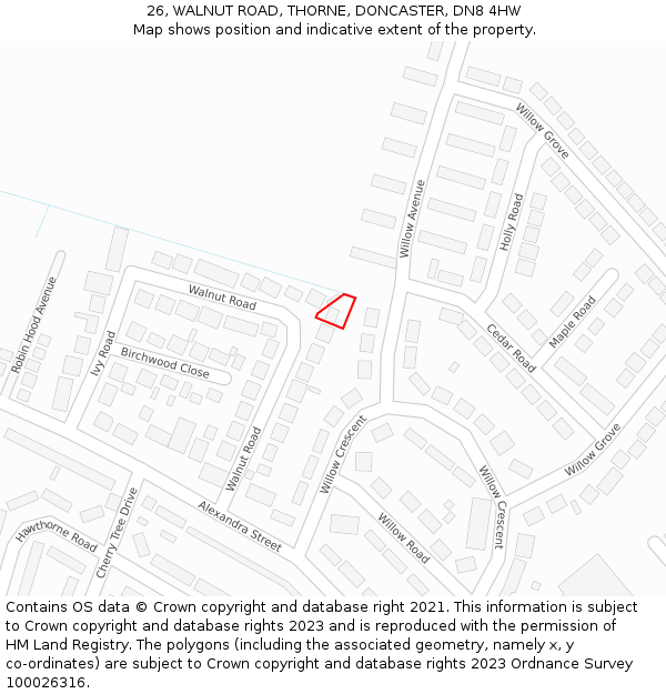 26, WALNUT ROAD, THORNE, DONCASTER, DN8 4HW: Location map and indicative extent of plot