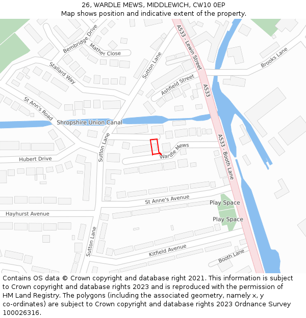 26, WARDLE MEWS, MIDDLEWICH, CW10 0EP: Location map and indicative extent of plot