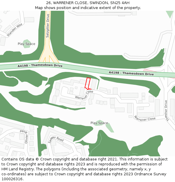 26, WARRENER CLOSE, SWINDON, SN25 4AH: Location map and indicative extent of plot