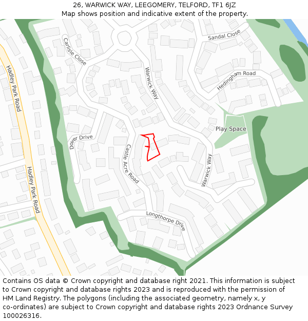 26, WARWICK WAY, LEEGOMERY, TELFORD, TF1 6JZ: Location map and indicative extent of plot
