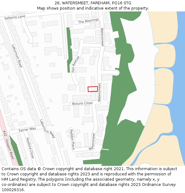 26, WATERSMEET, FAREHAM, PO16 0TG: Location map and indicative extent of plot