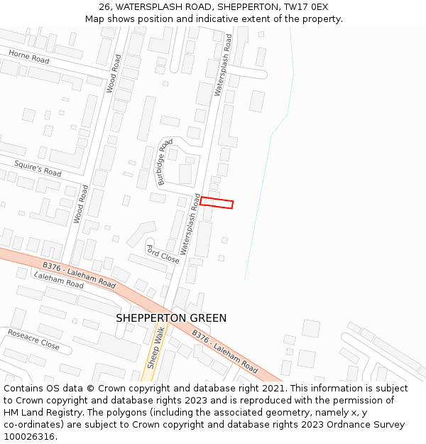 26, WATERSPLASH ROAD, SHEPPERTON, TW17 0EX: Location map and indicative extent of plot