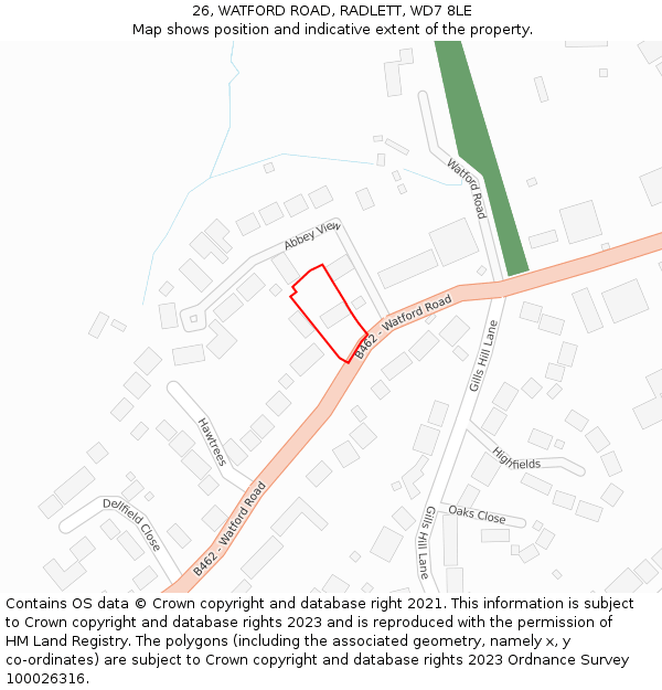 26, WATFORD ROAD, RADLETT, WD7 8LE: Location map and indicative extent of plot