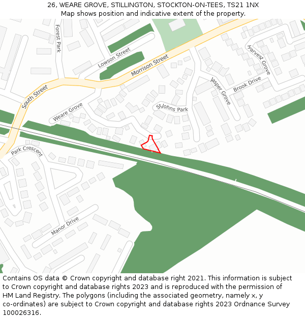 26, WEARE GROVE, STILLINGTON, STOCKTON-ON-TEES, TS21 1NX: Location map and indicative extent of plot