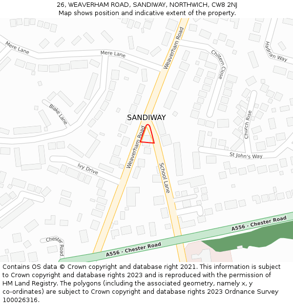 26, WEAVERHAM ROAD, SANDIWAY, NORTHWICH, CW8 2NJ: Location map and indicative extent of plot