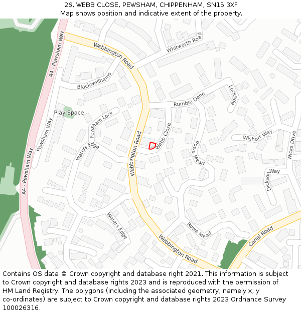 26, WEBB CLOSE, PEWSHAM, CHIPPENHAM, SN15 3XF: Location map and indicative extent of plot