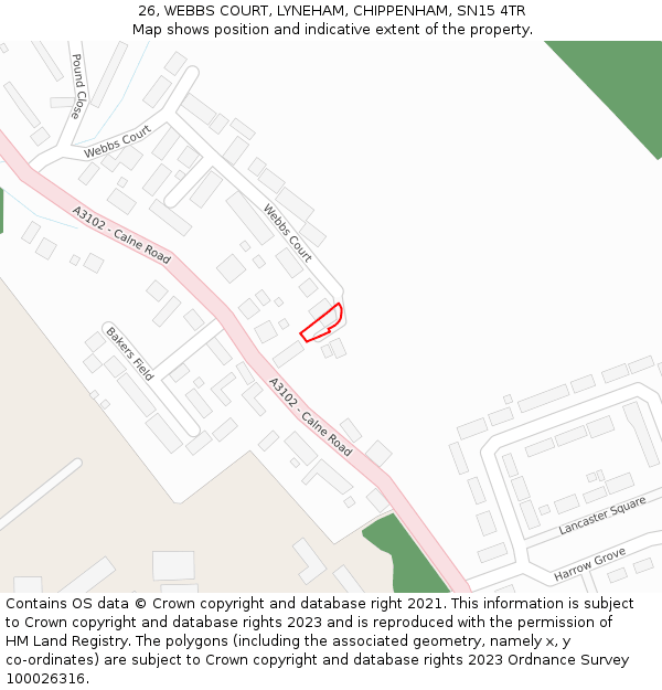 26, WEBBS COURT, LYNEHAM, CHIPPENHAM, SN15 4TR: Location map and indicative extent of plot