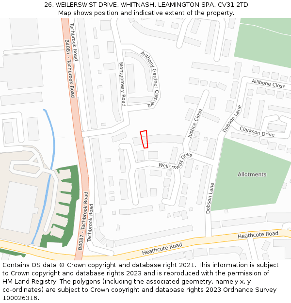 26, WEILERSWIST DRIVE, WHITNASH, LEAMINGTON SPA, CV31 2TD: Location map and indicative extent of plot