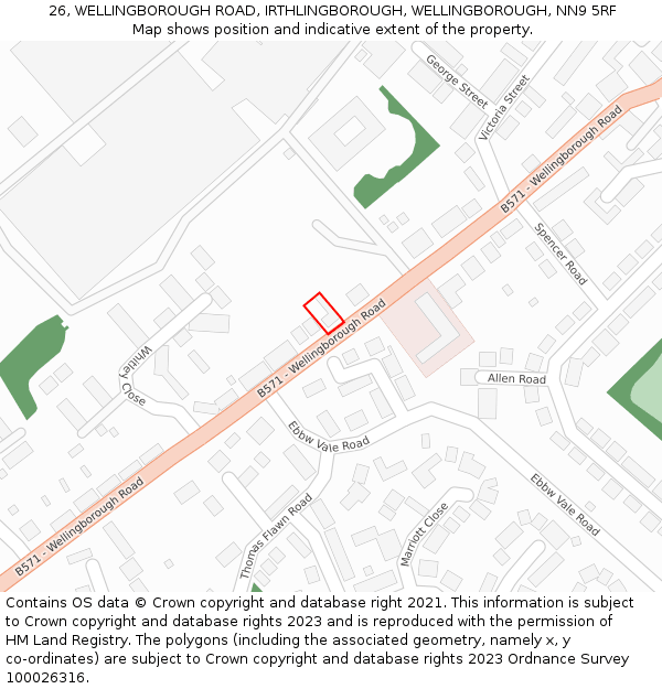 26, WELLINGBOROUGH ROAD, IRTHLINGBOROUGH, WELLINGBOROUGH, NN9 5RF: Location map and indicative extent of plot