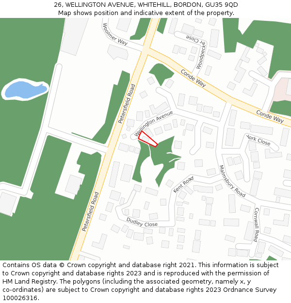 26, WELLINGTON AVENUE, WHITEHILL, BORDON, GU35 9QD: Location map and indicative extent of plot