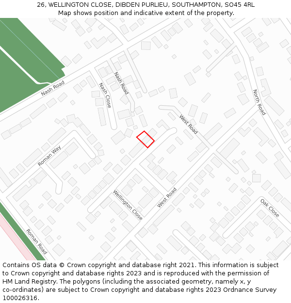 26, WELLINGTON CLOSE, DIBDEN PURLIEU, SOUTHAMPTON, SO45 4RL: Location map and indicative extent of plot