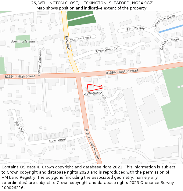 26, WELLINGTON CLOSE, HECKINGTON, SLEAFORD, NG34 9GZ: Location map and indicative extent of plot