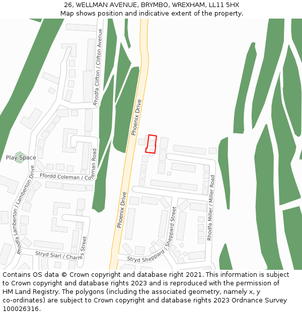 26, WELLMAN AVENUE, BRYMBO, WREXHAM, LL11 5HX: Location map and indicative extent of plot