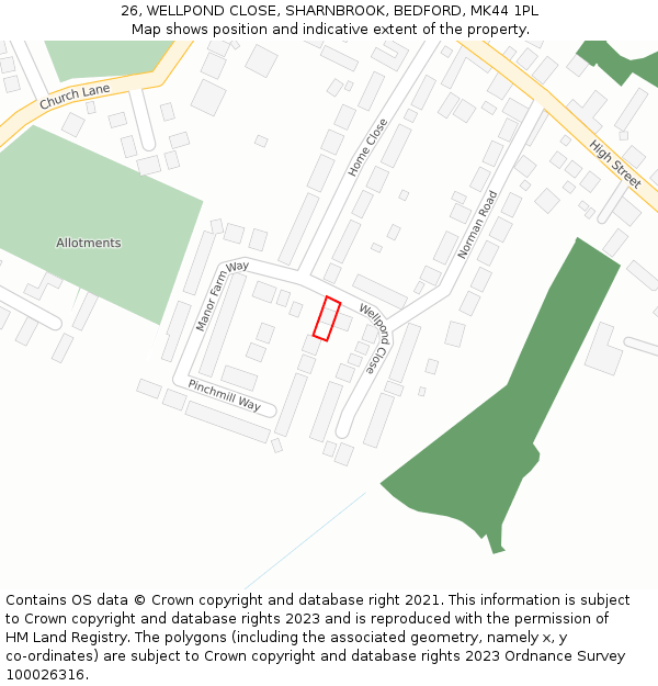 26, WELLPOND CLOSE, SHARNBROOK, BEDFORD, MK44 1PL: Location map and indicative extent of plot