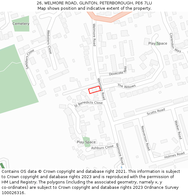 26, WELMORE ROAD, GLINTON, PETERBOROUGH, PE6 7LU: Location map and indicative extent of plot