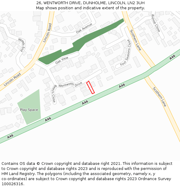 26, WENTWORTH DRIVE, DUNHOLME, LINCOLN, LN2 3UH: Location map and indicative extent of plot