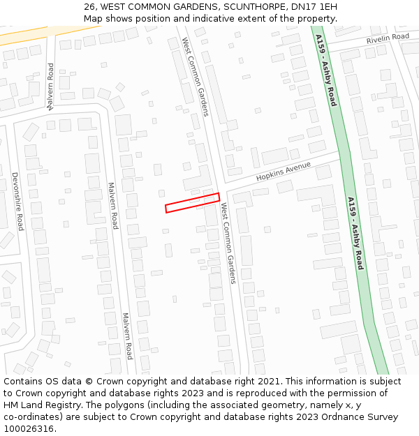 26, WEST COMMON GARDENS, SCUNTHORPE, DN17 1EH: Location map and indicative extent of plot