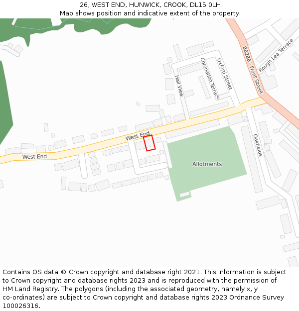 26, WEST END, HUNWICK, CROOK, DL15 0LH: Location map and indicative extent of plot