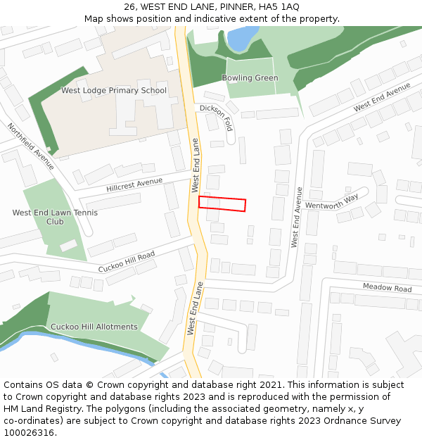 26, WEST END LANE, PINNER, HA5 1AQ: Location map and indicative extent of plot