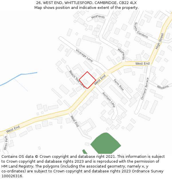 26, WEST END, WHITTLESFORD, CAMBRIDGE, CB22 4LX: Location map and indicative extent of plot