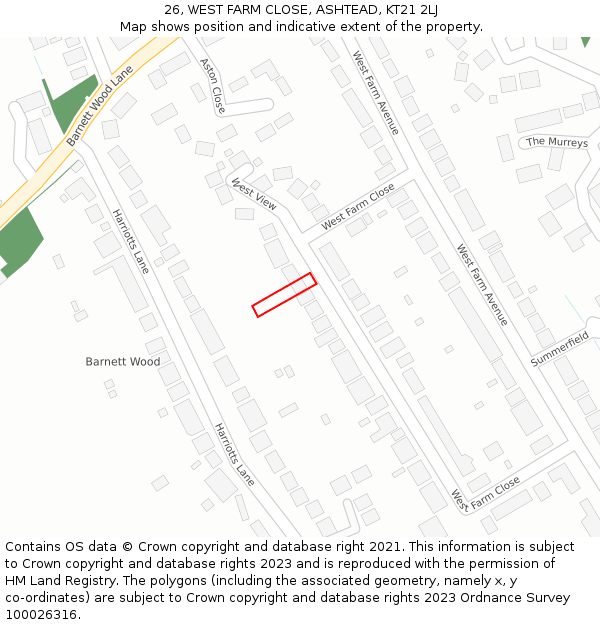 26, WEST FARM CLOSE, ASHTEAD, KT21 2LJ: Location map and indicative extent of plot