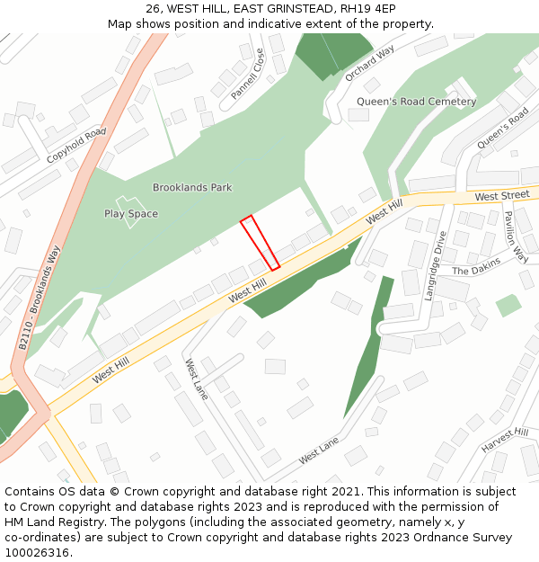 26, WEST HILL, EAST GRINSTEAD, RH19 4EP: Location map and indicative extent of plot