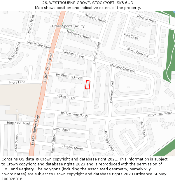 26, WESTBOURNE GROVE, STOCKPORT, SK5 6UD: Location map and indicative extent of plot