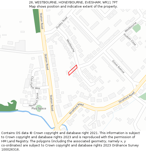 26, WESTBOURNE, HONEYBOURNE, EVESHAM, WR11 7PT: Location map and indicative extent of plot