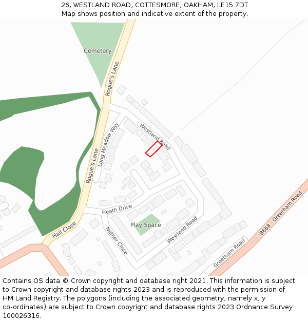 26, WESTLAND ROAD, COTTESMORE, OAKHAM, LE15 7DT: Location map and indicative extent of plot