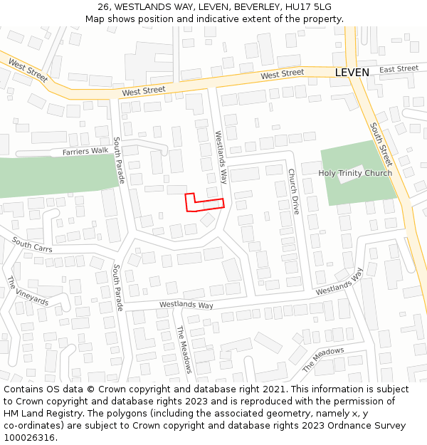 26, WESTLANDS WAY, LEVEN, BEVERLEY, HU17 5LG: Location map and indicative extent of plot