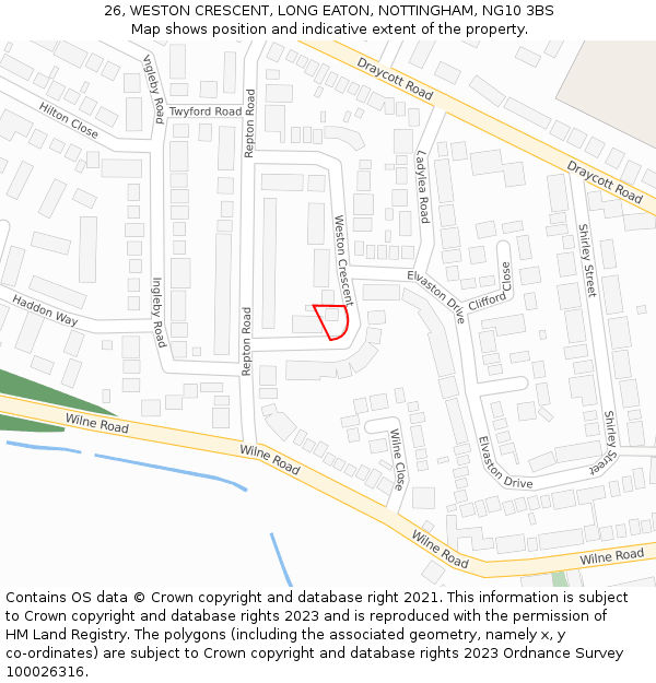 26, WESTON CRESCENT, LONG EATON, NOTTINGHAM, NG10 3BS: Location map and indicative extent of plot
